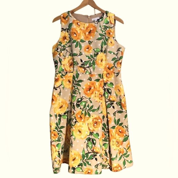 New York & Company Dresses & Skirts - New York & Company Women’s A Line Sleeveless Yellow Rose Polka Dot Dress Size 14